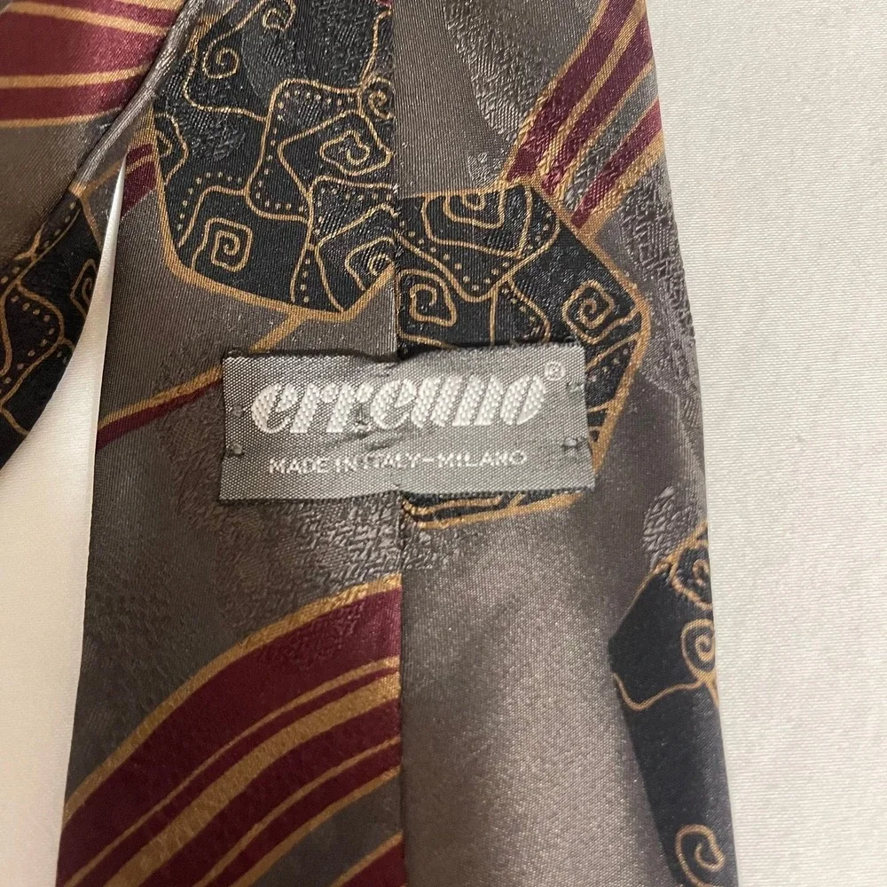 Erreuno Italian Gray Abstract Pattern Tie Burgundy Gold Classy Silk